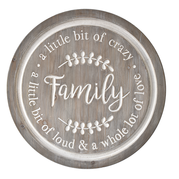 "Family, A Little Bit of Crazy" Carved Round Wood Sign